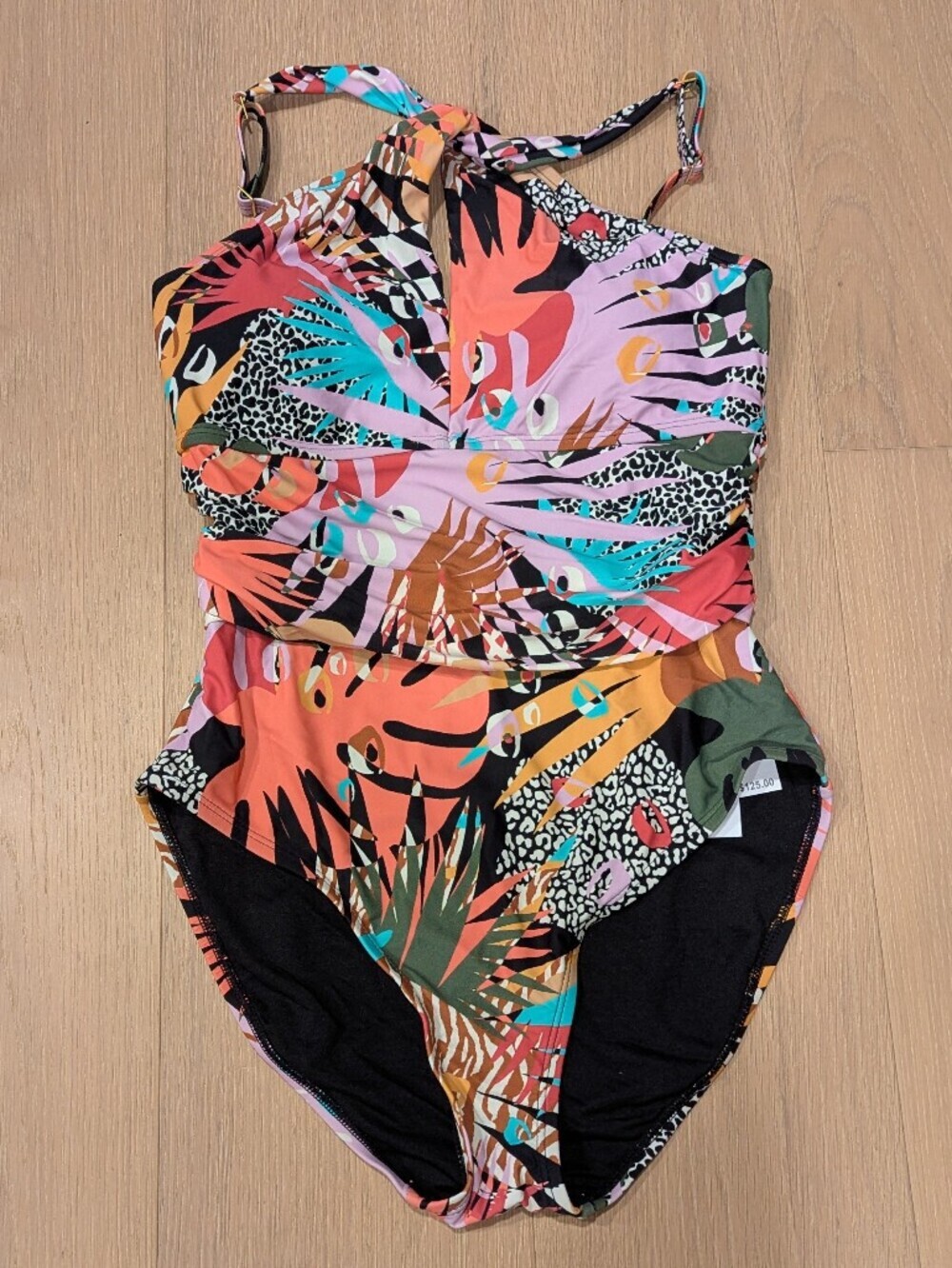 Bleu Rod Beattie Black Tropical One-Piece Swimsuit with Teal & Coral Accents